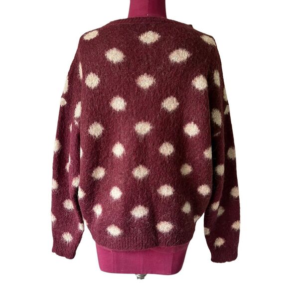 Koan Knitwear Pullover Sweater Large L Mohair Wool Blend Burgundy Red Cream Dot - Picture 3 of 8